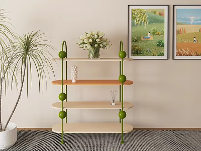 Stylish Shelving Unit with Green Metal Frames Wooden Shelves Wall Paintings and Potted Plant 3d model