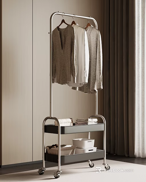 Modern Clothes Hanger with Lower Shelf Folded Towels and White Basket in Minimalist Interior 3d model 