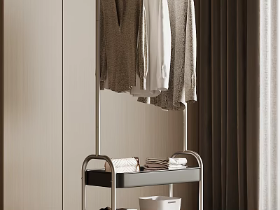 Modern Clothes Hanger with Lower Shelf Folded Towels and White Basket in Minimalist Interior 3d model