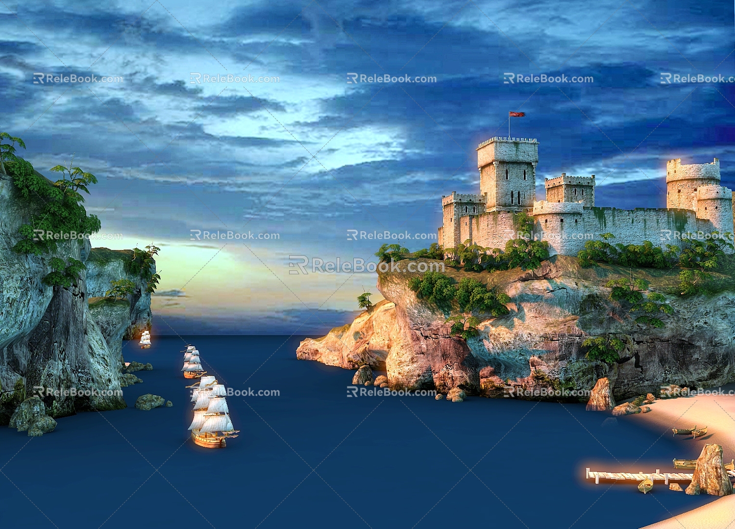 Sea Pier Castle Scenery 3d model