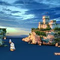 Breathtaking Coastal Landscape With Castle Perched On Cliff Blue Sea Sailing Ships And Sandy Beach