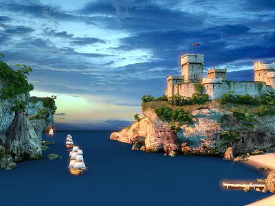 Breathtaking Coastal Landscape With Castle Perched On Cliff Blue Sea Sailing Ships And Sandy Beach 3d model