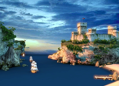 Sea Pier Castle Scenery 3d model