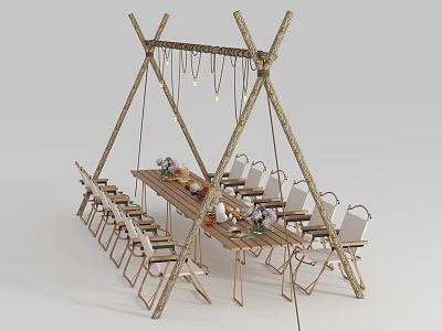 Long Wooden Outdoor Table With Branch Frame And String Lights And Chairs For Dining Gathering 3d model