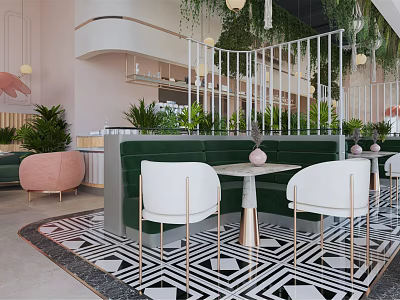 Modern Café Interior With Green Plants White Chairs And Geometric Floor Design 3d model