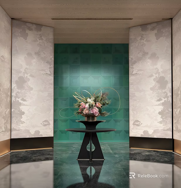 Elegant Flower Arrangement In Vase On Black Table Against Green Decorative Wall 3d model 