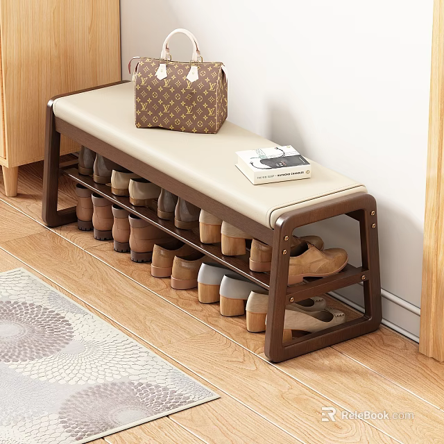 Wooden Frame Shoe Bench With Padded Seat And Multiple Shoe Storage Shelves 3d model 