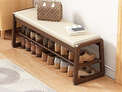Wooden Frame Shoe Bench With Padded Seat And Multiple Shoe Storage Shelves 3d model