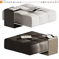 White Fabric And Dark Brown Leather Ottomans With Side Tables And Magazines