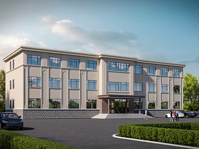 Modern Office Building Exterior With Large Windows Landscaped Gardens And Parking Area 3d model