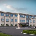 Modern Office Building Exterior With Large Windows Landscaped Gardens And Parking Area