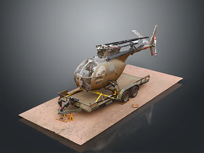 Military Helicopter Model Mounted On Trailer On Sand Ground With Equipment 3d model