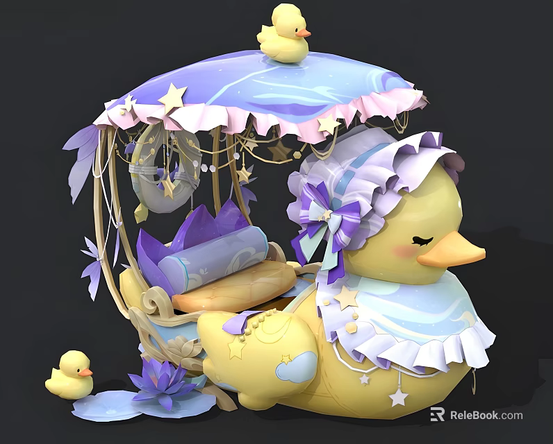 Sailboat Decorative Ornament With Yellow Duck Purple Blue Star Bow And Small Duckling 3d model 