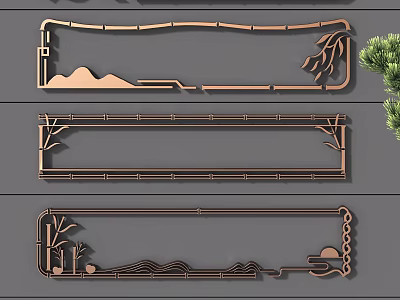 Chinese Style Line Decorative Frames With Bamboo Leaves Mountains And Patterns 3d model