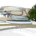 Modern Sales Office Building with Circular Dome Glass Curtain Wall Open Entrance Water Feature
