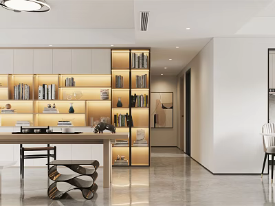 Modern Open Restaurant Interior Design With Wooden Dining Table And Pendant Lights 3d model