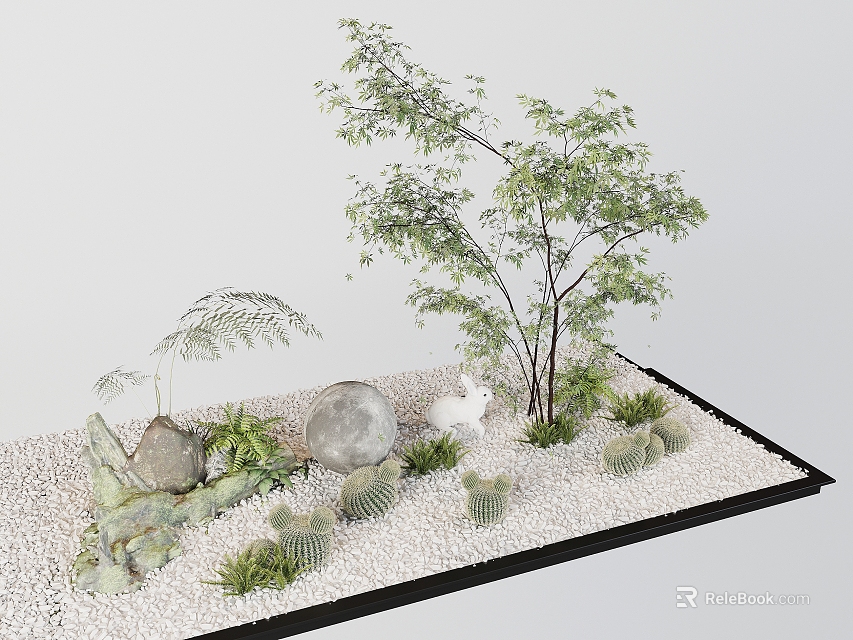 Indoor Landscape With Small Trees Cacti Decorative Stones White Rabbit Figurine And Gravel 3d model 