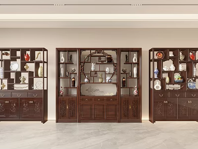 Traditional Chinese Wooden Curio Cabinets With Carved Doors Multi-layered Shelves And Porcelain Displays 3d model