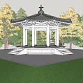 Traditional Chinese Pavilion With Curved Eaves White Columns And Green Trees Around