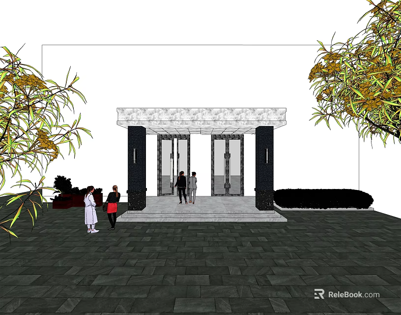 Elegant Entrance Gate With Double Doors Decorative Canopy Stone Pavement And Green Plants 3d model 