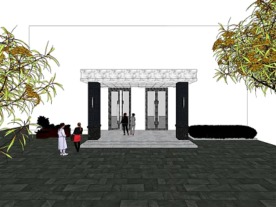 Elegant Entrance Gate With Double Doors Decorative Canopy Stone Pavement And Green Plants 3d model