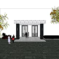 Elegant Entrance Gate With Double Doors Decorative Canopy Stone Pavement And Green Plants
