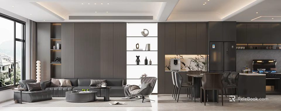 Elegant Modern Dining Living Room Interior With Sofa Dining Table And Display Shelf Decor 3d model