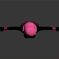 Woman with pink hair in black tight outfit with pink accents standing against gray background