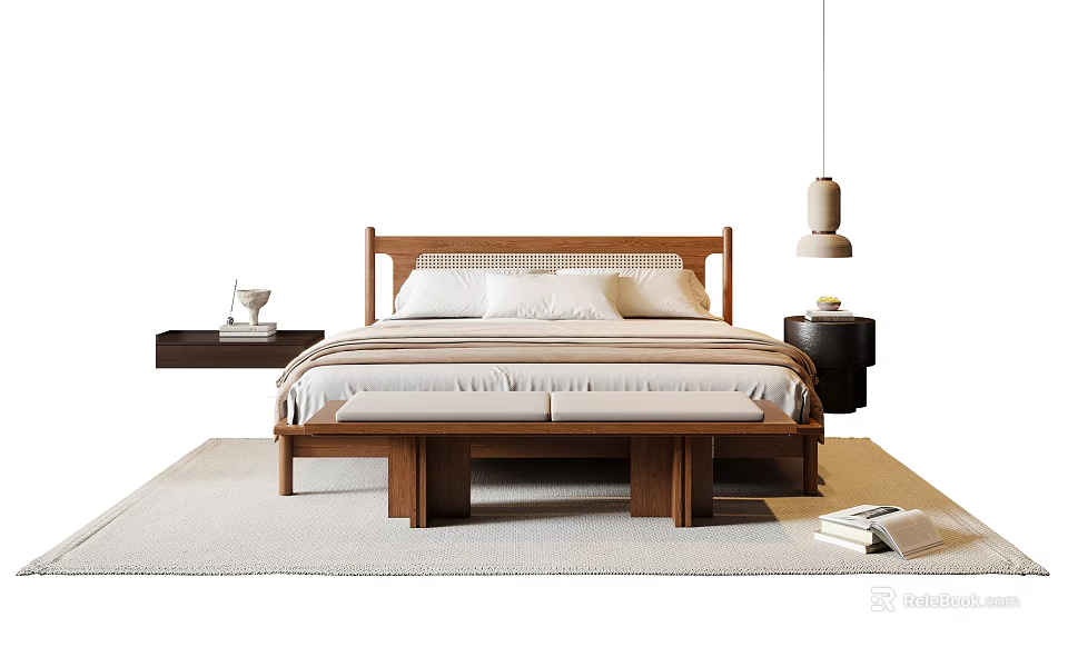 Modern Wooden Double Bed Interior With Bedside Tables Bench Rug And Pendant Light 3d model 
