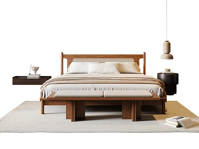 Modern Wooden Double Bed Interior With Bedside Tables Bench Rug And Pendant Light 3d model