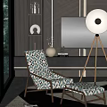 Modern Geometric Pattern Lounge Chair With Matching Ottoman And Tripod Floor Lamp In Living Room