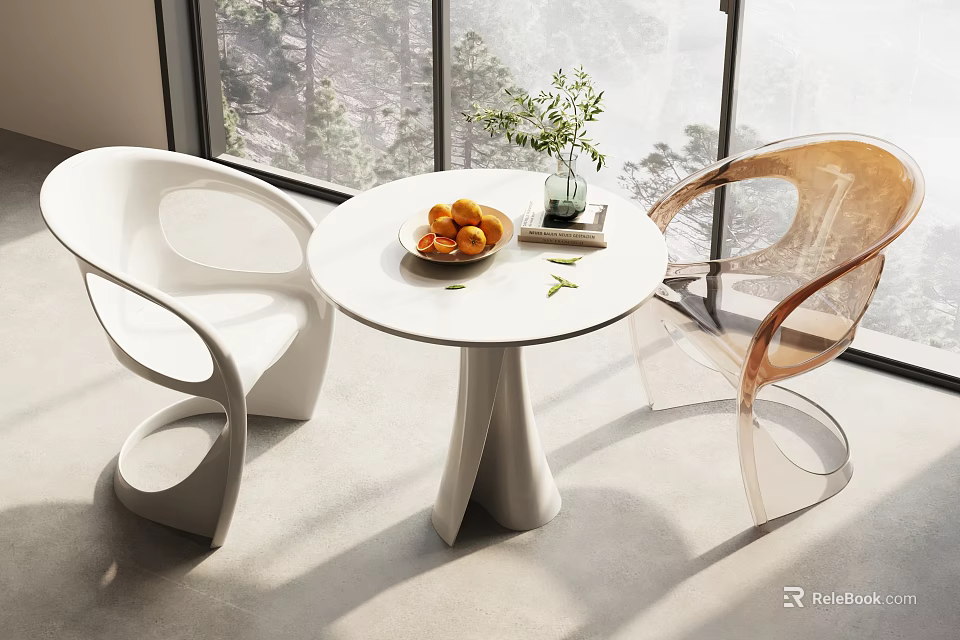 Round White Table and Chair Set with White Amber Transparent Chairs By Window Fruits Plant 3d model 