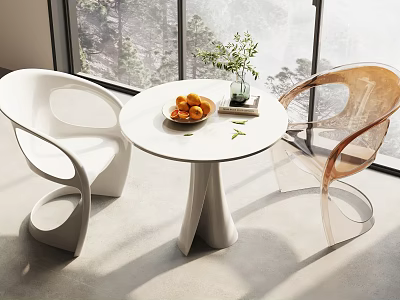Round White Table and Chair Set with White Amber Transparent Chairs By Window Fruits Plant 3d model