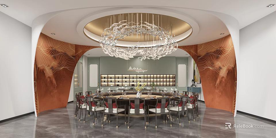 Luxury Private Dining Room Interior With Round Table Chandelier And Decorative Walls 3d model 