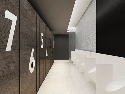Modern Public Restroom Design With Numbered Stall Doors And White Washbasins 3d model
