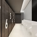 Modern Public Restroom Design With Numbered Stall Doors And White Washbasins