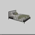 Modern Single Bed With Black Gray Headboard And Patterned Bedding Green Blanket Pillows 3d model