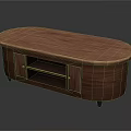 Wooden Oval Top Coffee Table With Cabinet Doors And Open Shelf Design