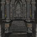 Ancient Stone Temple Chamber with Tall Columns Steps and Burning Torches