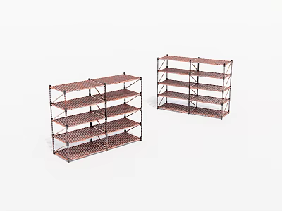 Two Multi Tier Storage Shelves with Metal Frame and Wooden Shelves 3d model