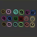 Various Dashboard Gauges With Circular Square Shapes And Illuminated Indicators On Reflective Dark Background
