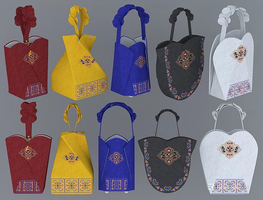 Colorful Traditional Decorative Handbags With Embroidered Patterns In Various Colors 3d model 