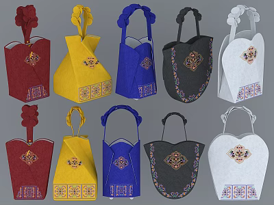 Colorful Traditional Decorative Handbags With Embroidered Patterns In Various Colors 3d model