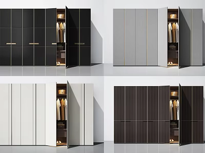 Modern Wardrobe Designs in Various Colors Featuring Open Door Hanging Clothes and Interior Lighting 3d model