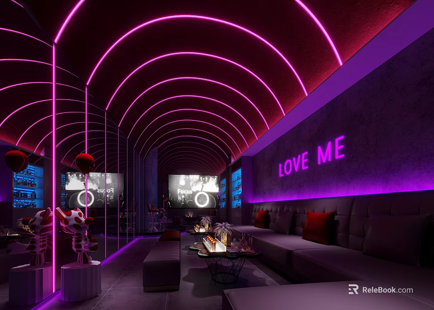 Modern KTV with Purple Pink Neon Lights Arched Ceiling Sofa Seating and LOVE ME Signage 3d model 
