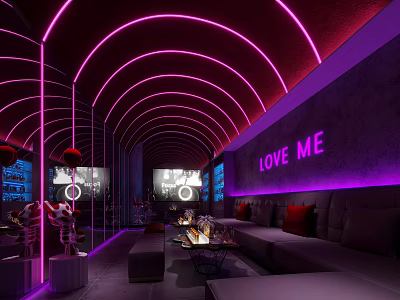 Modern KTV with Purple Pink Neon Lights Arched Ceiling Sofa Seating and LOVE ME Signage 3d model
