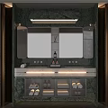 Elegant Modern Bathroom Vanity With Green Marble Countertop Large Mirror And Brass Accents