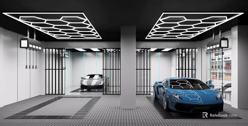 Modern Garage Interior With Geometric Ceiling Lights Metal Gate Partitions And Sports Cars 3d model 