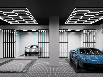 Modern Garage Interior With Geometric Ceiling Lights Metal Gate Partitions And Sports Cars 3d model