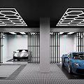 Modern Garage Interior With Geometric Ceiling Lights Metal Gate Partitions And Sports Cars